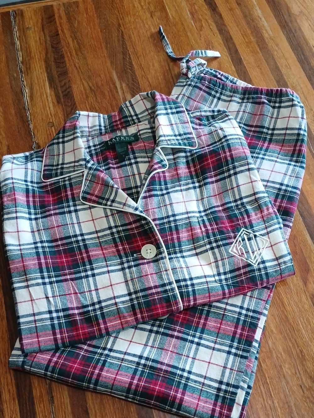 Lauren Ralph Lauren Red, Green & White Plaid Flannel Cotton Pajama Set - Small